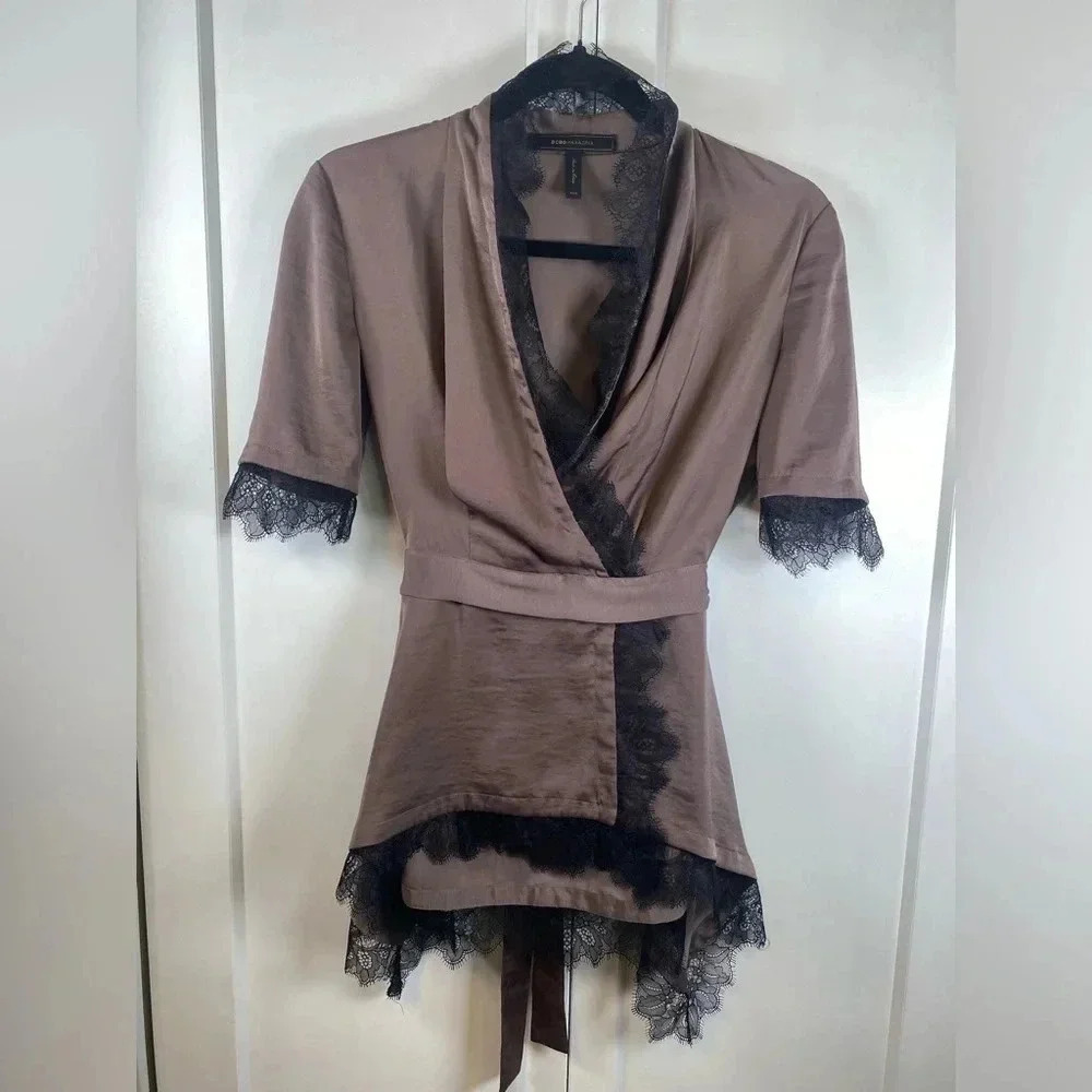 BCBG MaxAzria - ‘Eunice’ Satin Faux wrap top with lace - mulberry mist - XXS - Picture 2 of 10